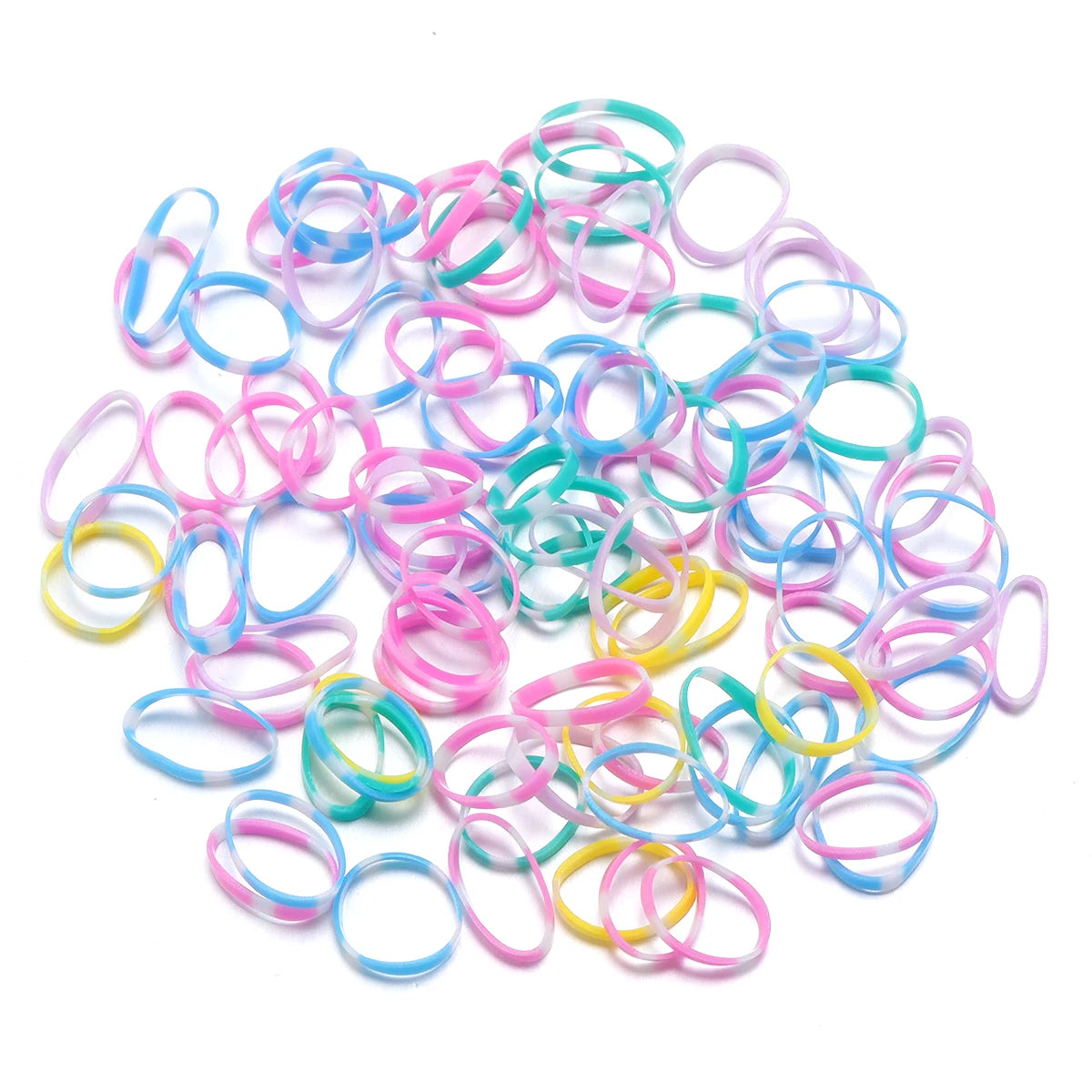 A pile of colorful elastic hair ties in various shades of pink, blue, and yellow.