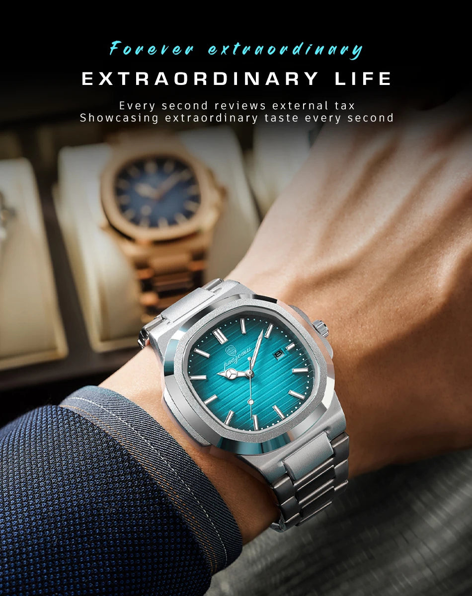 A close-up of a silver luxury quartz wristwatch with a blue luminous dial worn on a wrist.