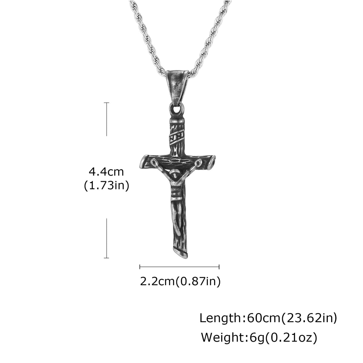 A stainless steel cross necklace with a gold finish, measuring 4.4cm long.
