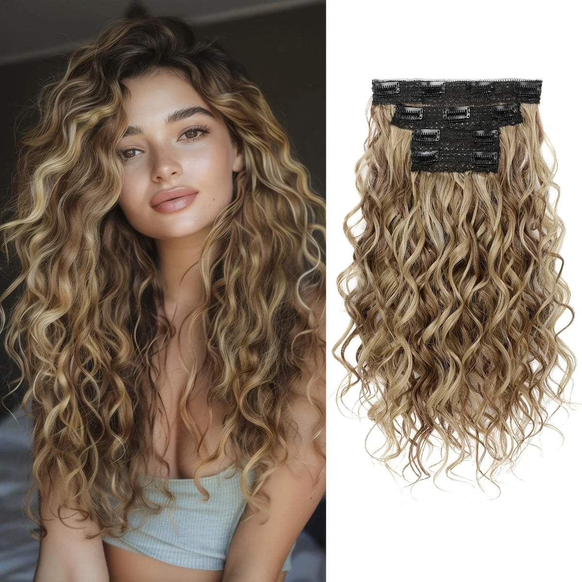A woman models long, wavy blonde hair with black hair extensions on top.