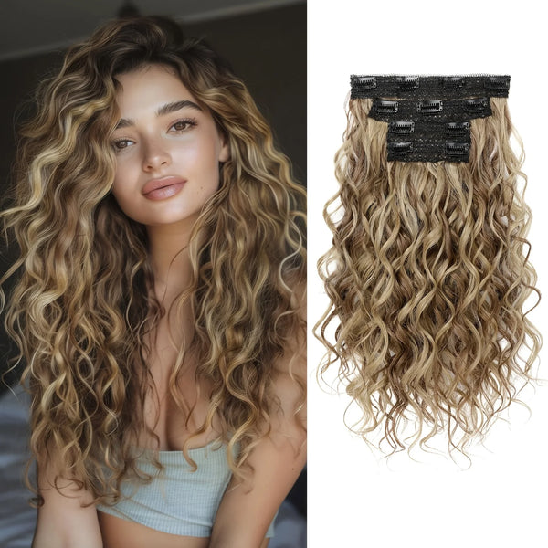 A model shows long wavy blonde hair with black hair extensions installed on the crown.