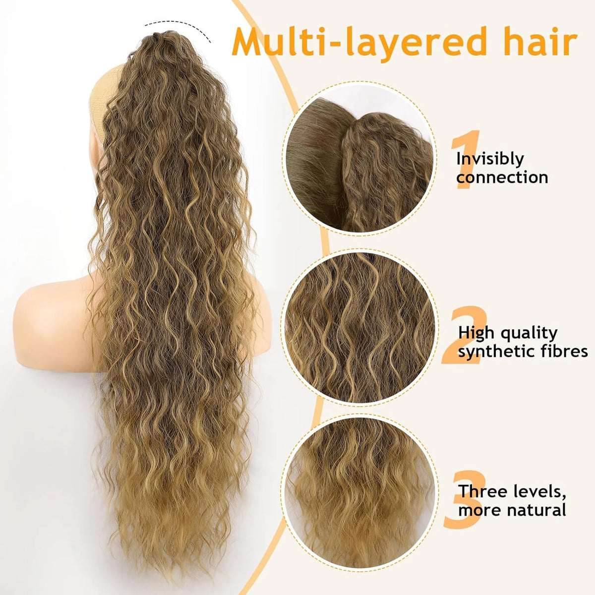 Un paquet d'extensions de cheveux bruns à plusieurs couches montrant trois niveaux et des fibres synthétiques invisibles