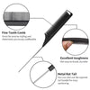 Close-up view of a black fine tooth comb and metal rat tail tool for hair styling and sectioning