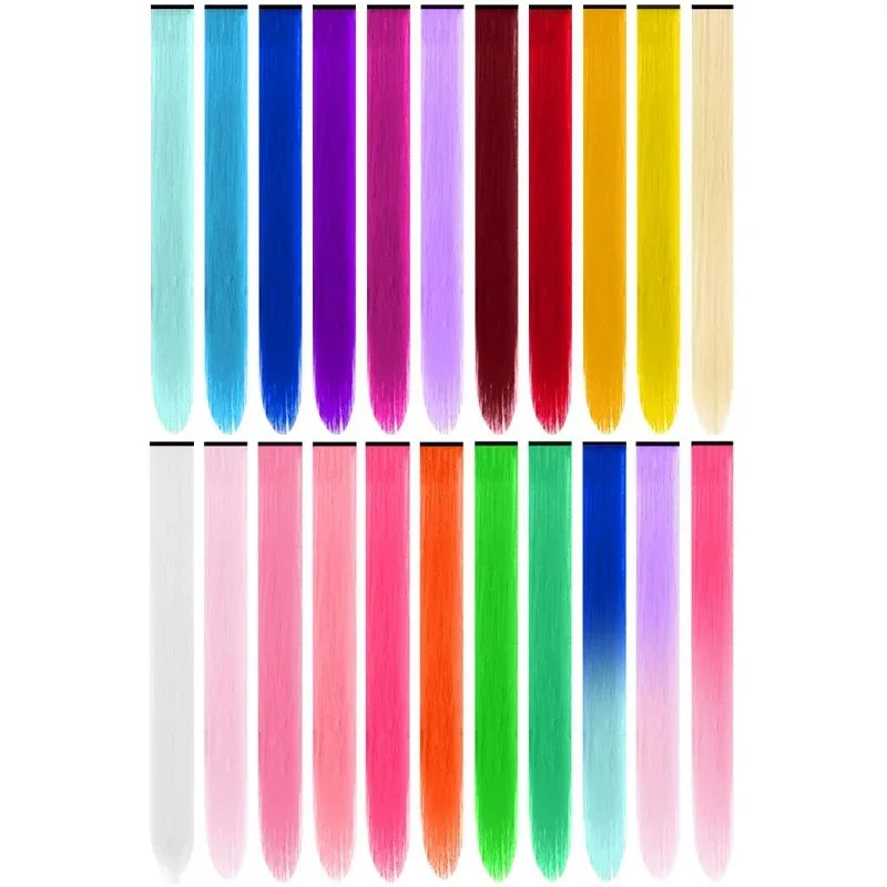 Collection d'extensions de cheveux synthétiques colorées dans diverses nuances : bleu, violet, rose, orange et jaune.