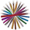 A collection of twelve strands of synthetic hair tinsel in various colors radiating outwards.