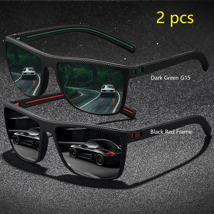 A pair of sunglasses with a dark green frame and lens, shown against a road backdrop.