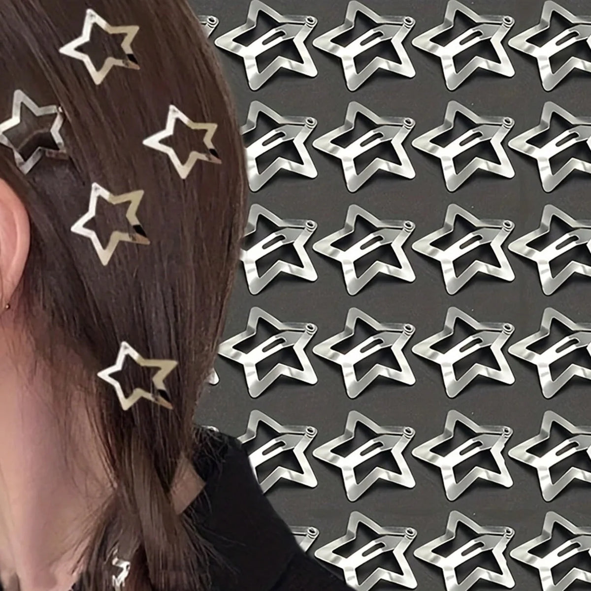 A close-up of a person's hair adorned with silver star metal snap clips.