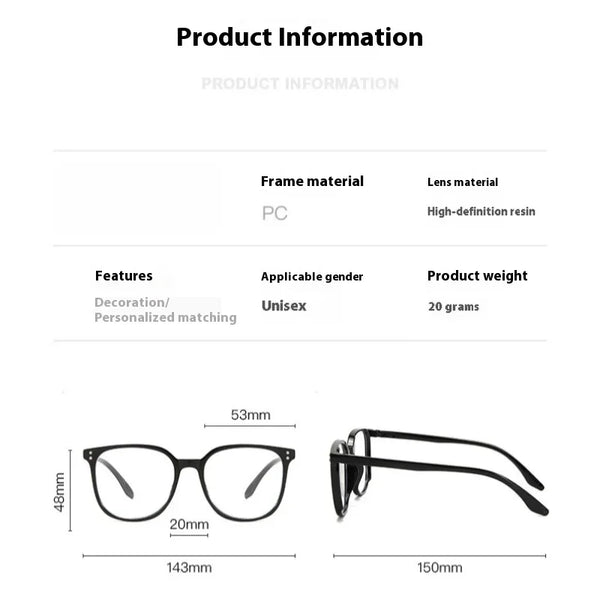 A product information sheet detailing features and specifications for a classic square anti-blue light eyewear set.