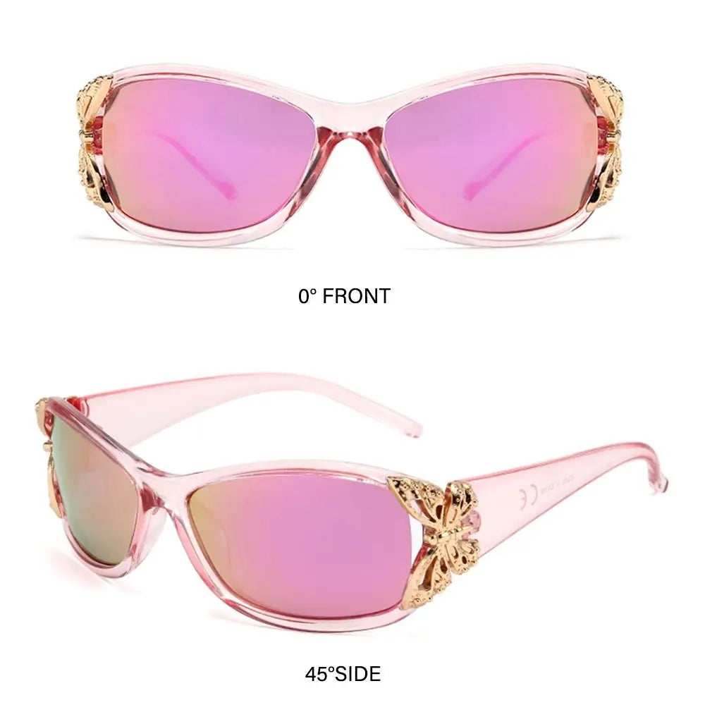 Pink vintage butterfly wrap sunglasses shown in 0 degree front and 45 degree side views