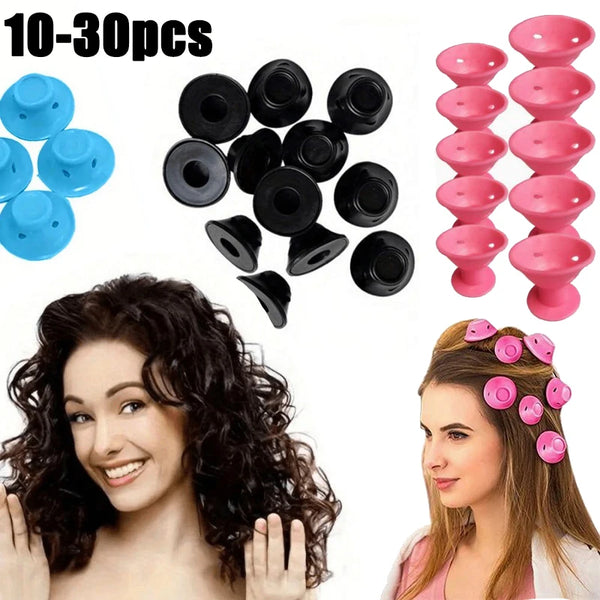 A set of 10-30 hair curlers in pink and black colors shown alongside a woman using them to style her curly hair.