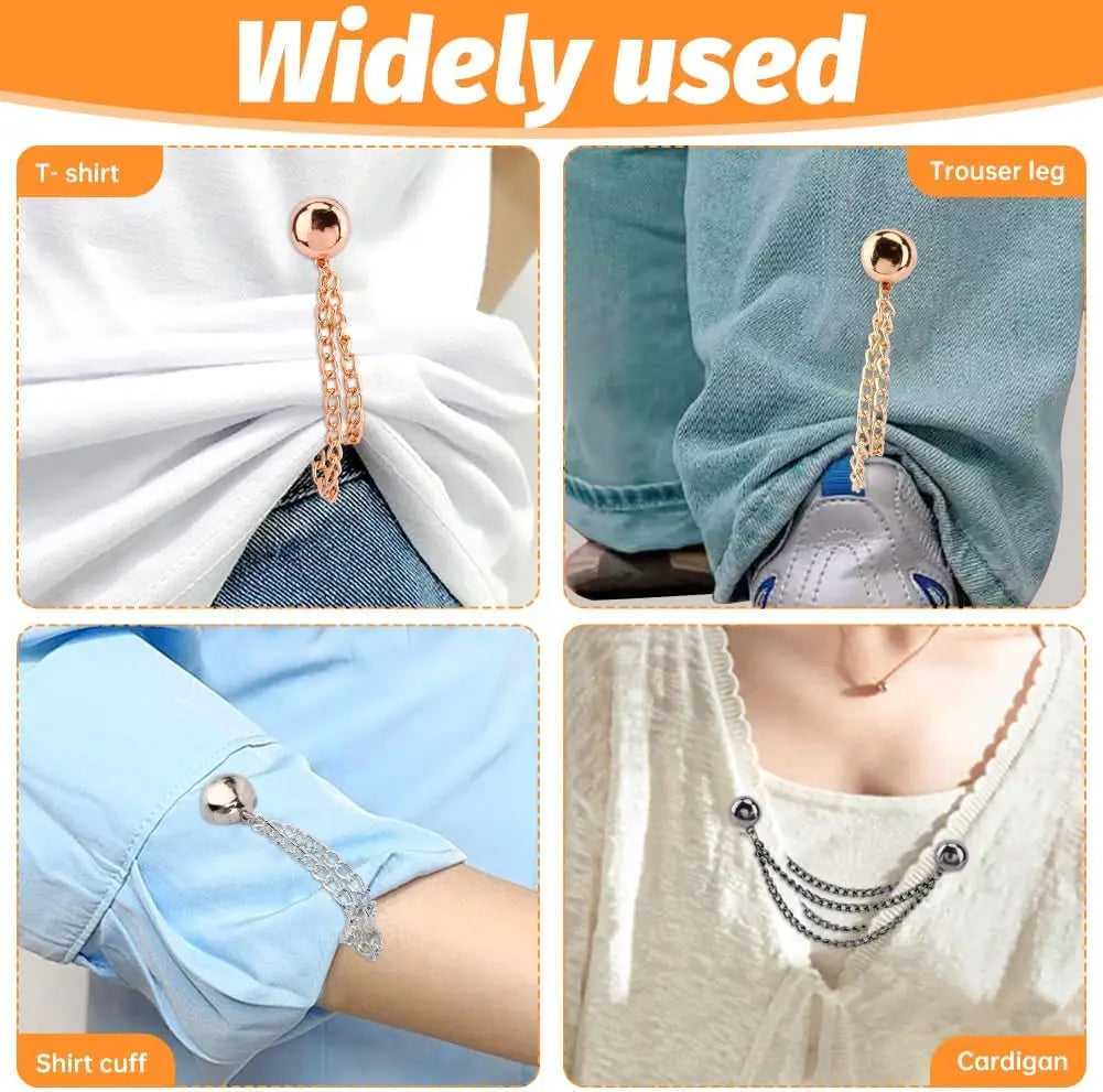 Various magnetic clothing clips used on a T-shirt, trouser leg, shirt cuff, and cardigan.