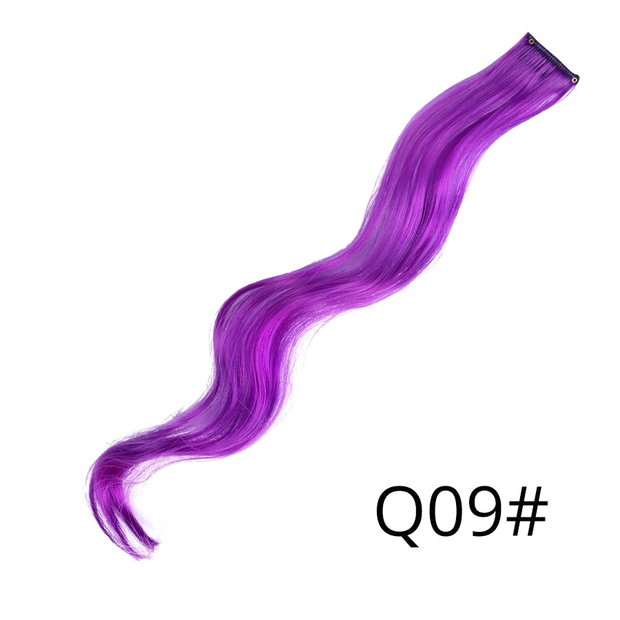 A vibrant purple, silky hair extension is shown in a smooth, flowing style.
