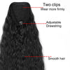 A long, black hair extension featuring two clips and an adjustable drawstring for a smooth look.