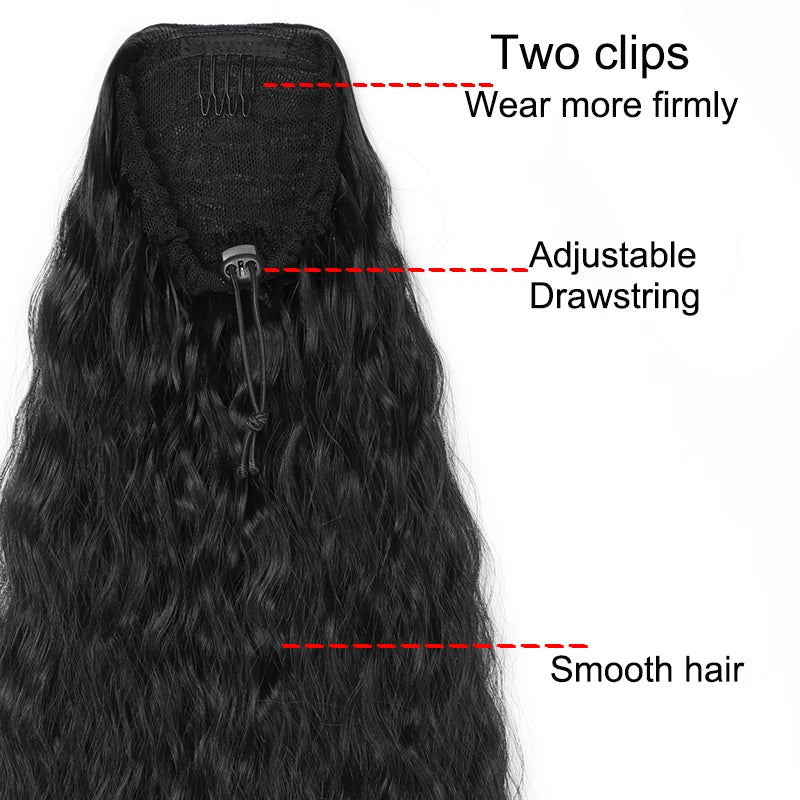 A long, black hair extension featuring two clips and an adjustable drawstring for a smooth look.