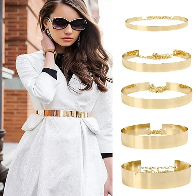 Ceinture à taille en métal décorative dorée pour robes, présentée avec divers styles.