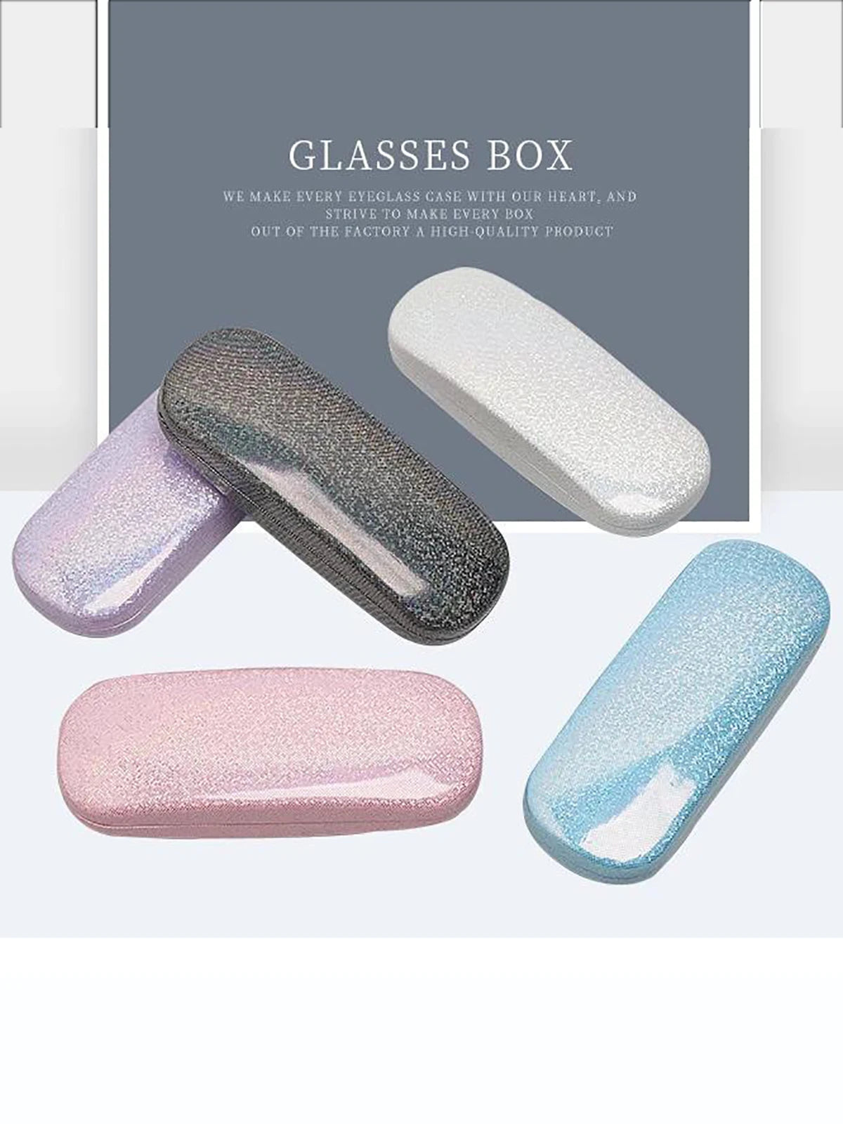 Collection de cinq boîtes de rangement pour lunettes de soleil en strass, dans diverses teintes : argent, violet, rose et ble