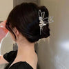 A close-up of a woman's dark hair styled in an updo with a silver rhinestone butterfly hair clip.