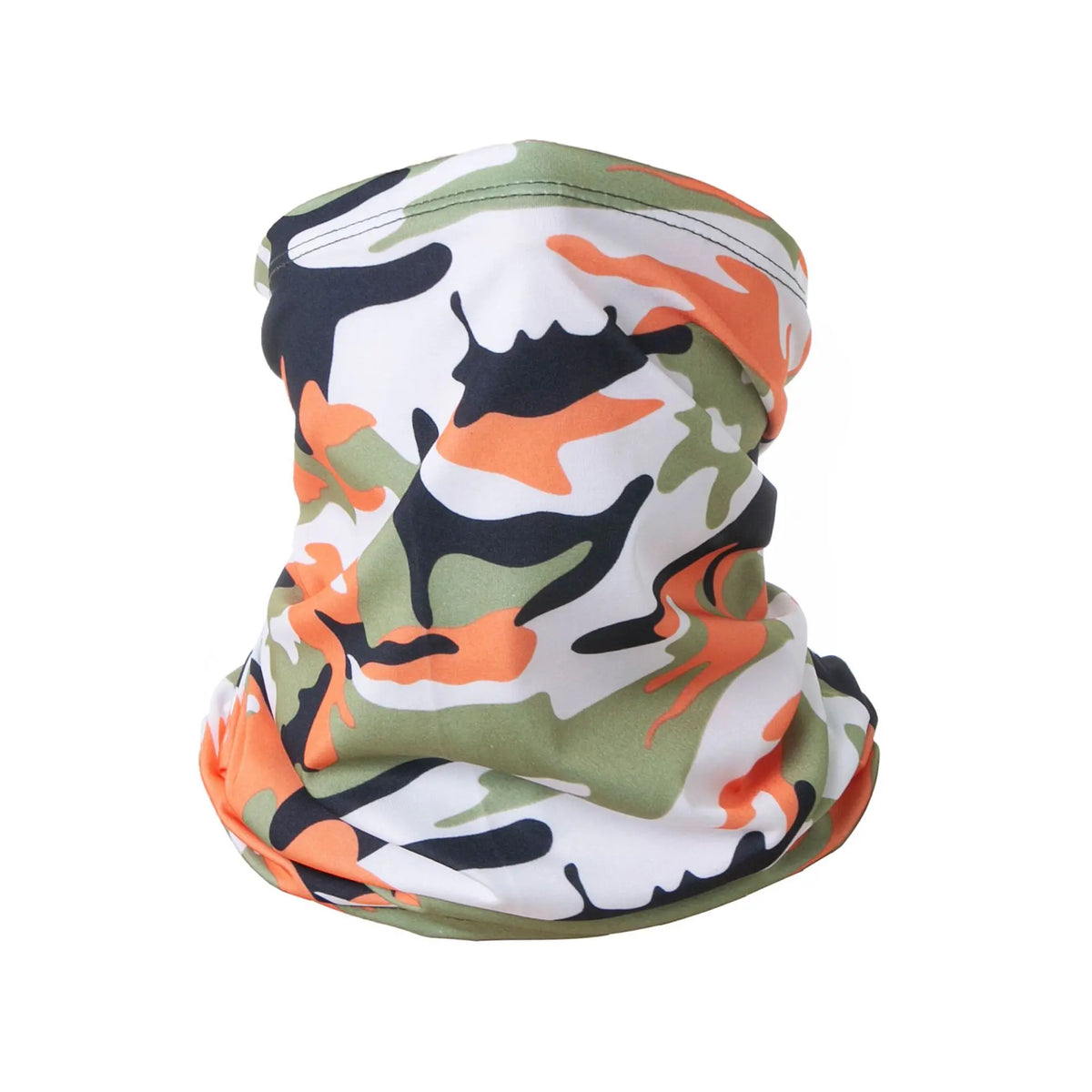 A camouflage patterned sun protection head scarf in shades of green, orange, and black.