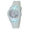 A white fashion watch with a clear crystal face featuring a unicorn design and pink accents.