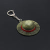 A metal keychain featuring an anime style straw hat with a green and red striped pattern.