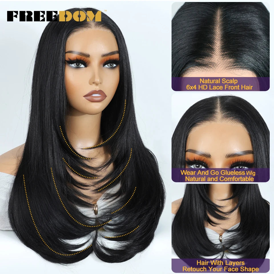 A long black straight wig with a lace front shown on a mannequin head.