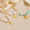 Gold and turquoise beaded necklaces featuring starfish and heart pendants on a light background