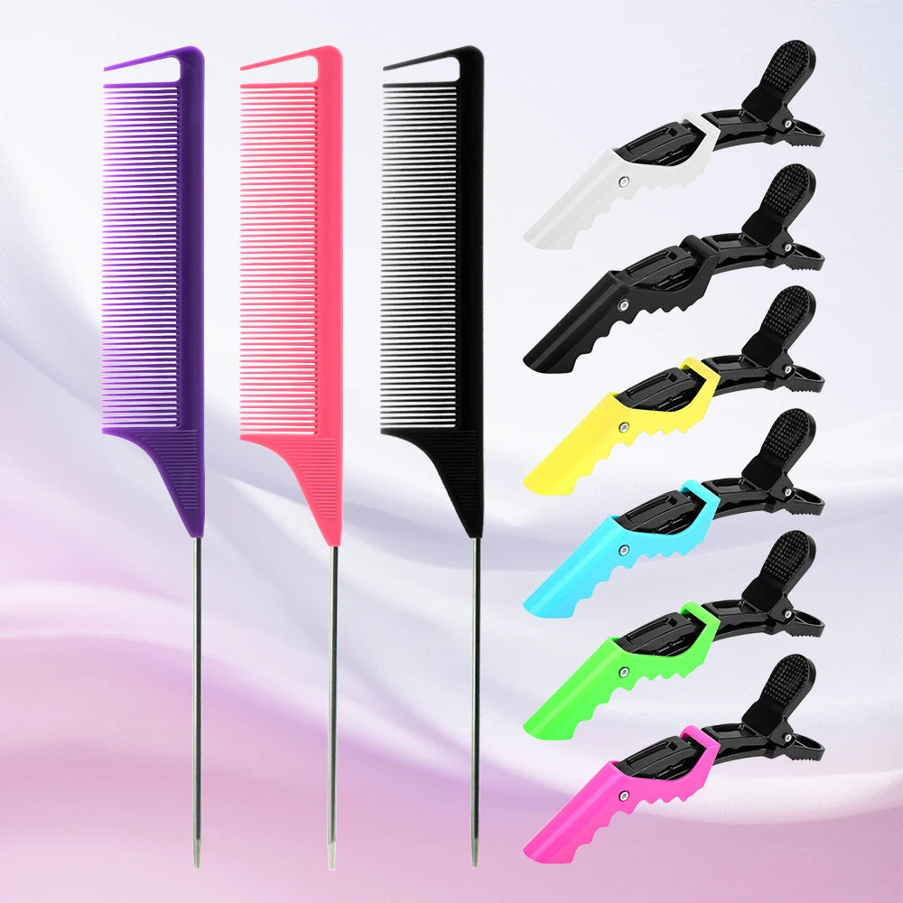 A set of professional pointed tail hair combs and styling brushes in various colors including purple, pink, black, yellow, an