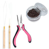 A set of nano copper hair extensions tools including tweezers and a small glass jar of beads.