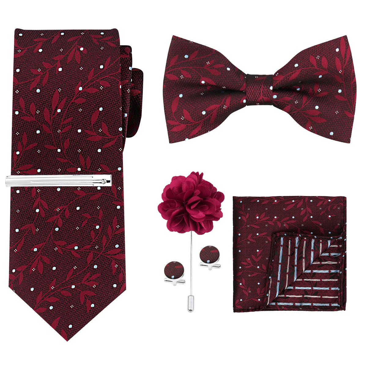 A maroon patterned tie and bow tie set with a silver clip and matching pocket square.