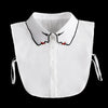 White blouse with a fashionable false collar neckline featuring black trim and red accents.