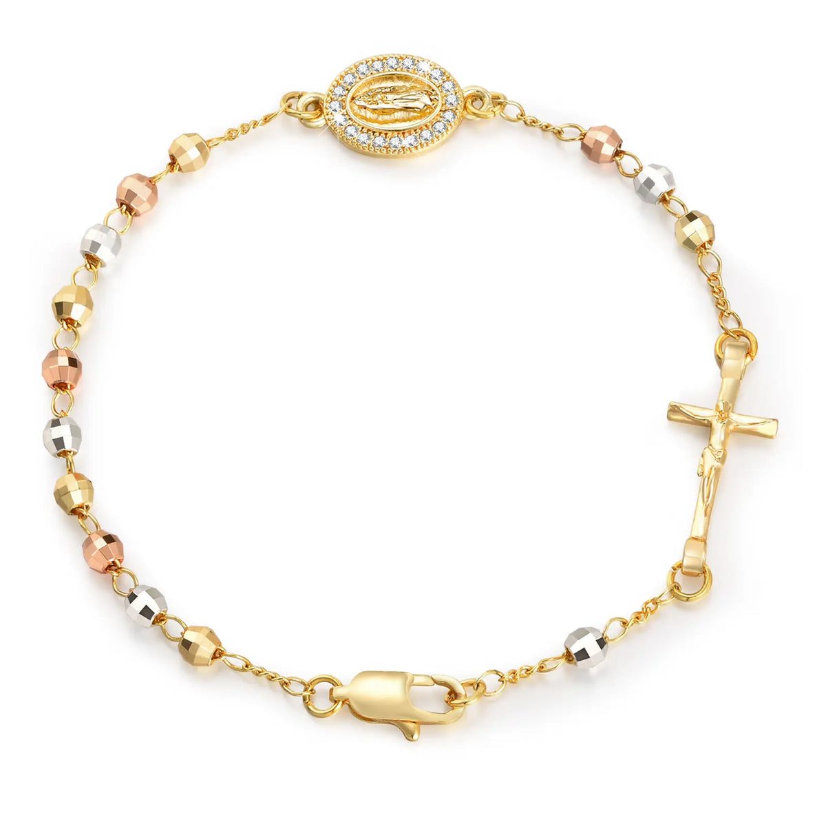A gold plated rosary bracelet for women featuring a central oval pendant and small beads.