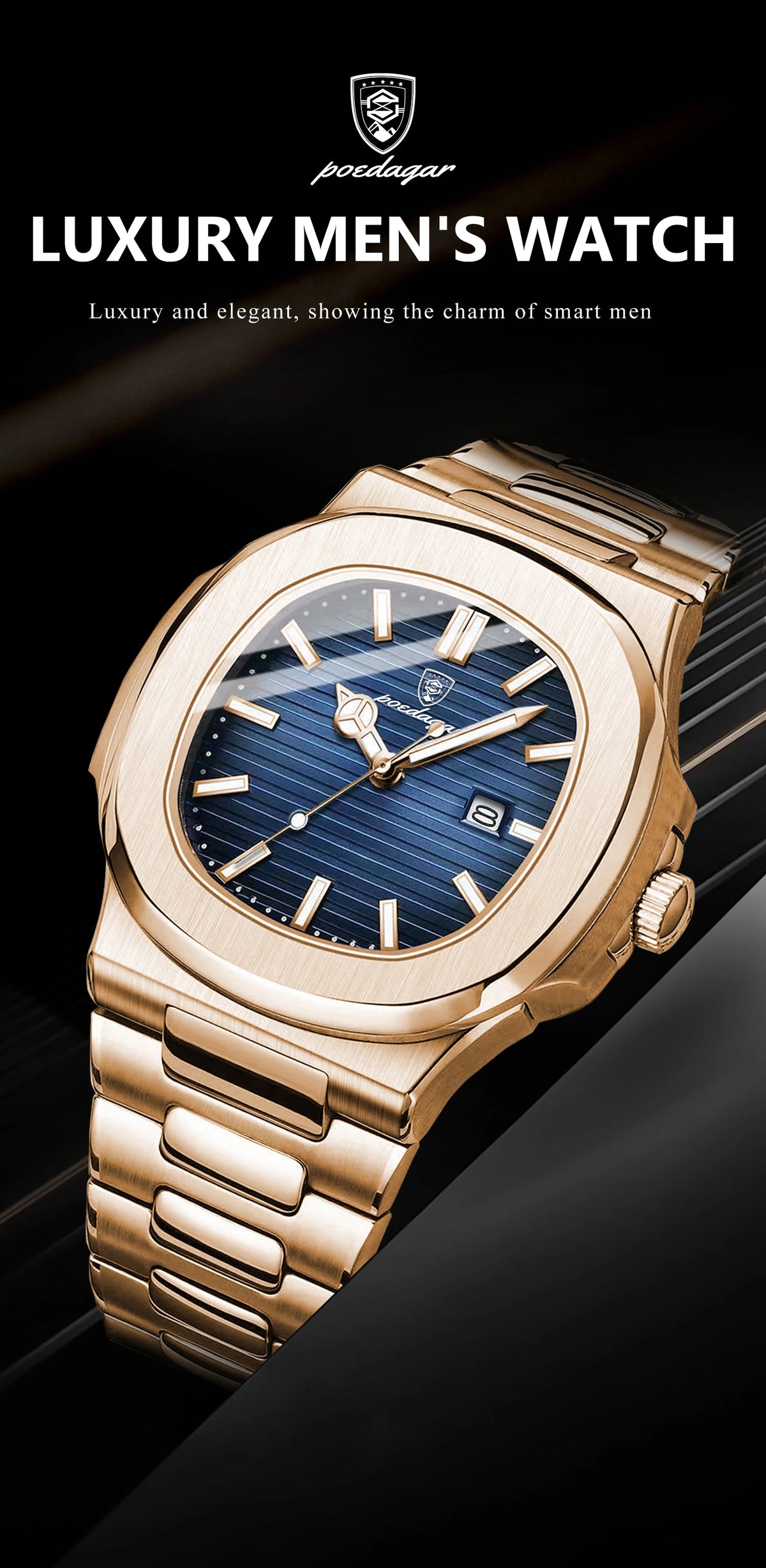 Nahaufnahme einer goldfarbenen Luxus-Herrenuhr mit blauem Zifferblatt und silbernen Zeigern auf dunklem Hintergrund.