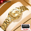 Goldakzent-Quarz-Armbanduhr auf beigem Hintergrund mit schwarzer Box 'Free Box'.