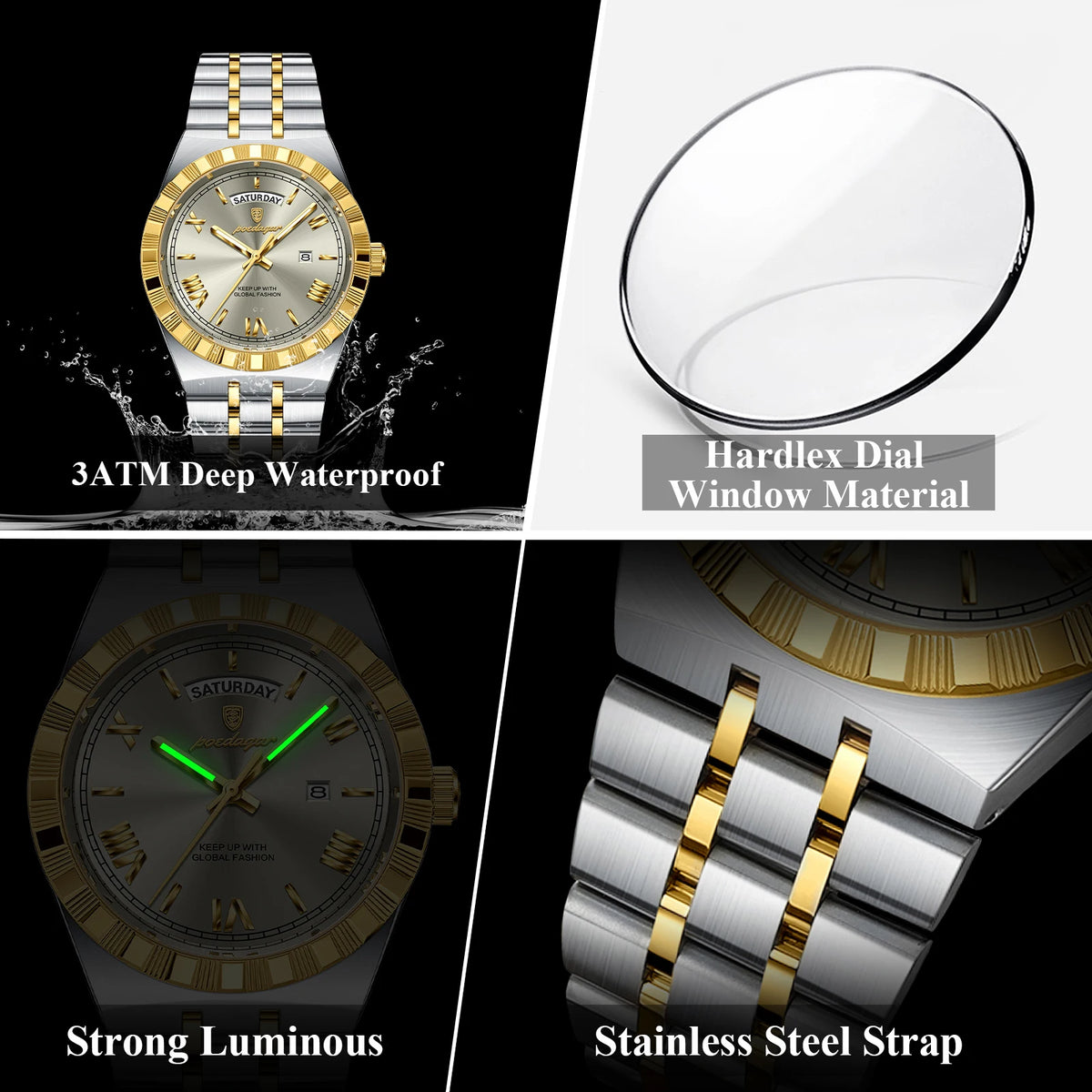 A close-up view of a gold-toned quartz wristwatch featuring a luminous dial, a glass window, and a stainless steel strap.