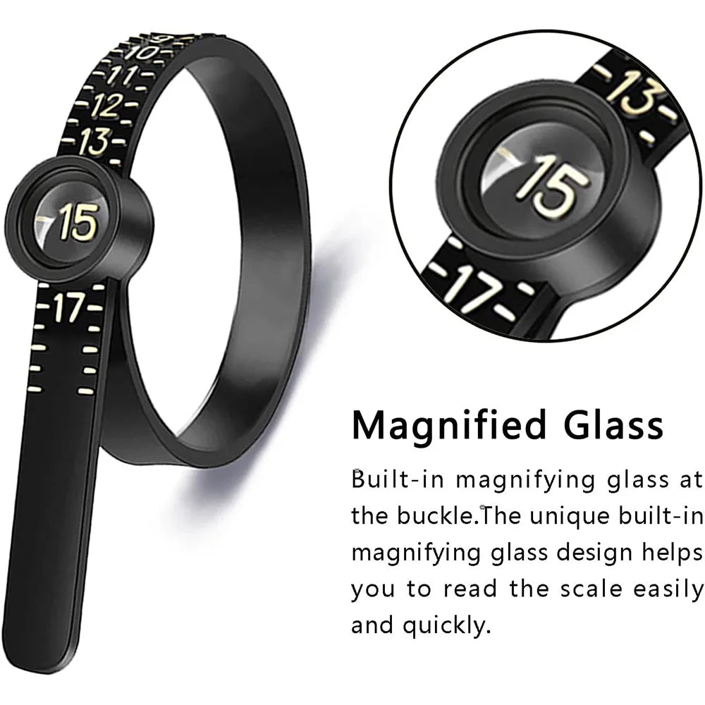 A black reusable ring sizing gauge with a magnified glass feature shown on the buckle.