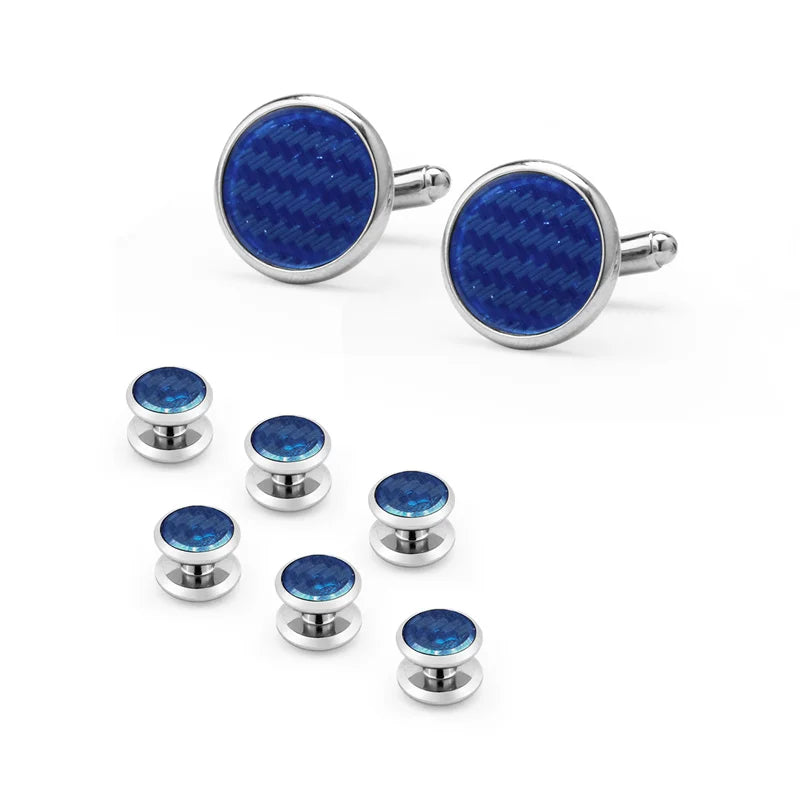 Un set d'enlaces élégantes pour hommes avec des boutons de cravate à motifs bleus.
