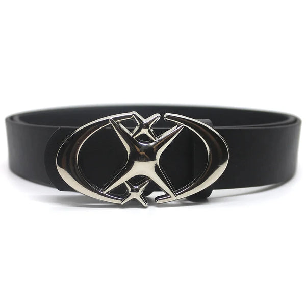 Black leather belt with a silver vintage gothic moon star buckle.