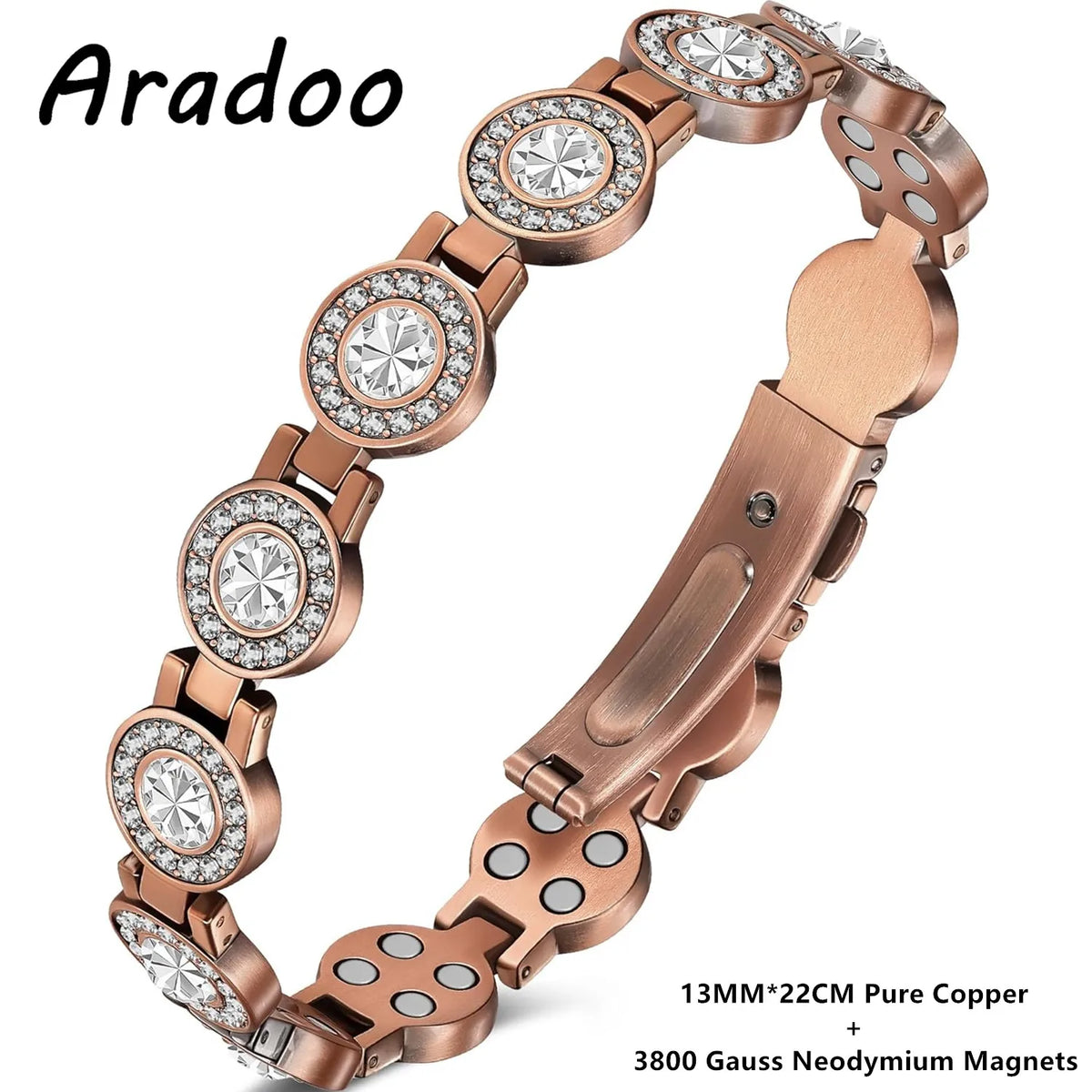 A close-up view of a rose gold pure copper magnetic crystal bracelet with round and oval elements.