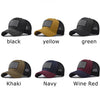 A collection of unisex tactical baseball caps in black, yellow, green, khaki, navy, and wine red, featuring American flag emb