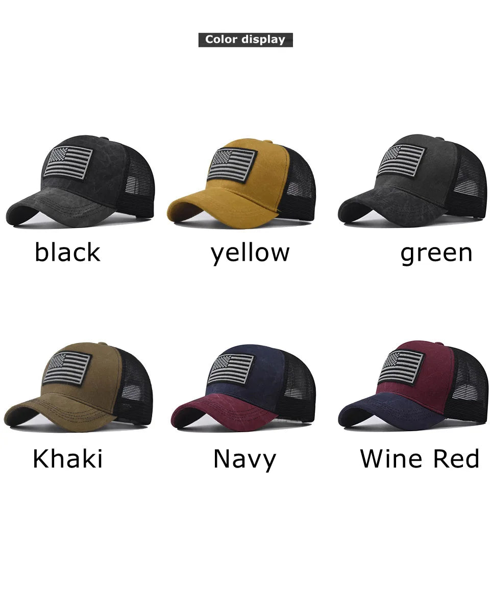 A collection of unisex tactical baseball caps in black, yellow, green, khaki, navy, and wine red, featuring American flag emb