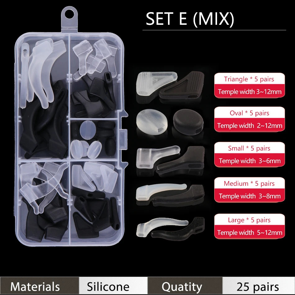 Set E (Mix) of silicone ear grip hooks for glasses and sunglasses in various sizes and shapes