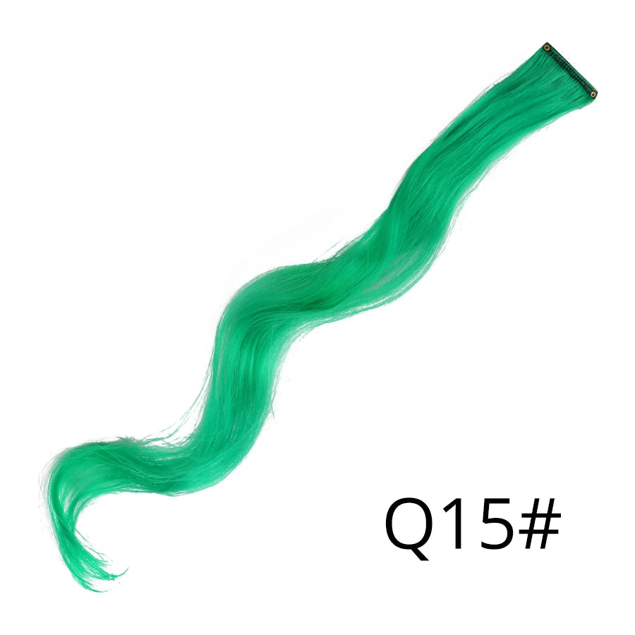 A vibrant green synthetic hair extension is shown in a smooth, flowing style.