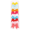 A collection of colorful handmade ribbon bow hair clips for kids in yellow, light blue, mint green, orange, pink, and blue.