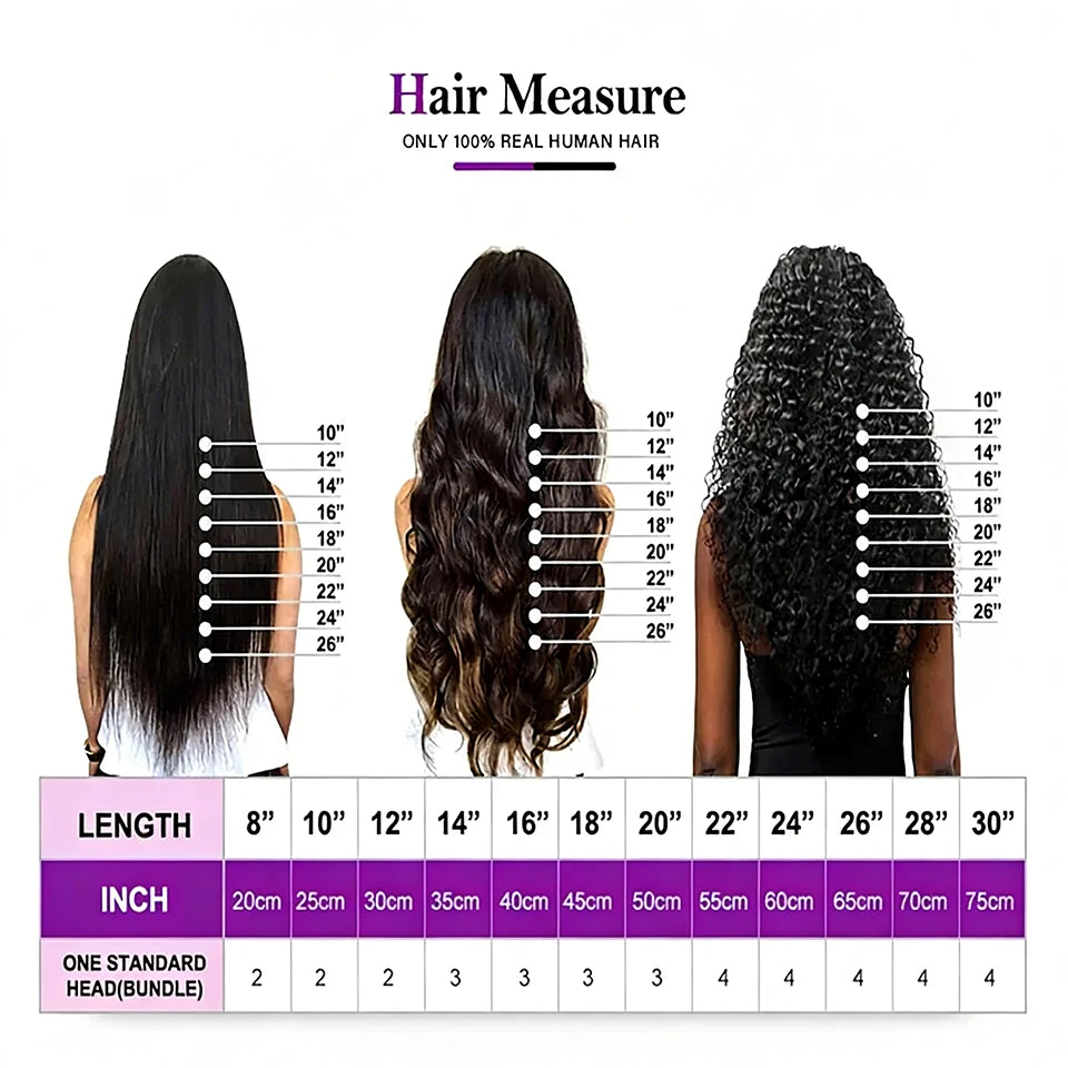 Hair Measure chart showing various lengths of black human hair extensions in inches and centimeters.