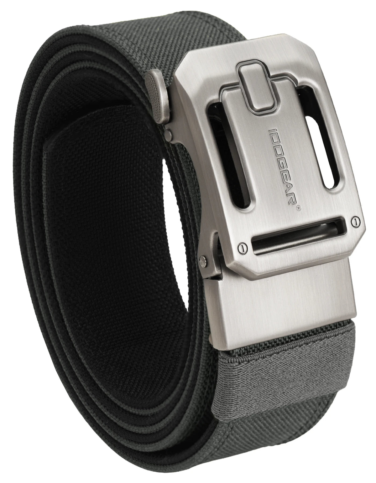 Ceinture tactique noire avec boucle argentée et sangle grise.
