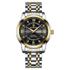 Reloj de lujo de cuarzo para hombre plateado y dorado con esfera negra y números romanos.