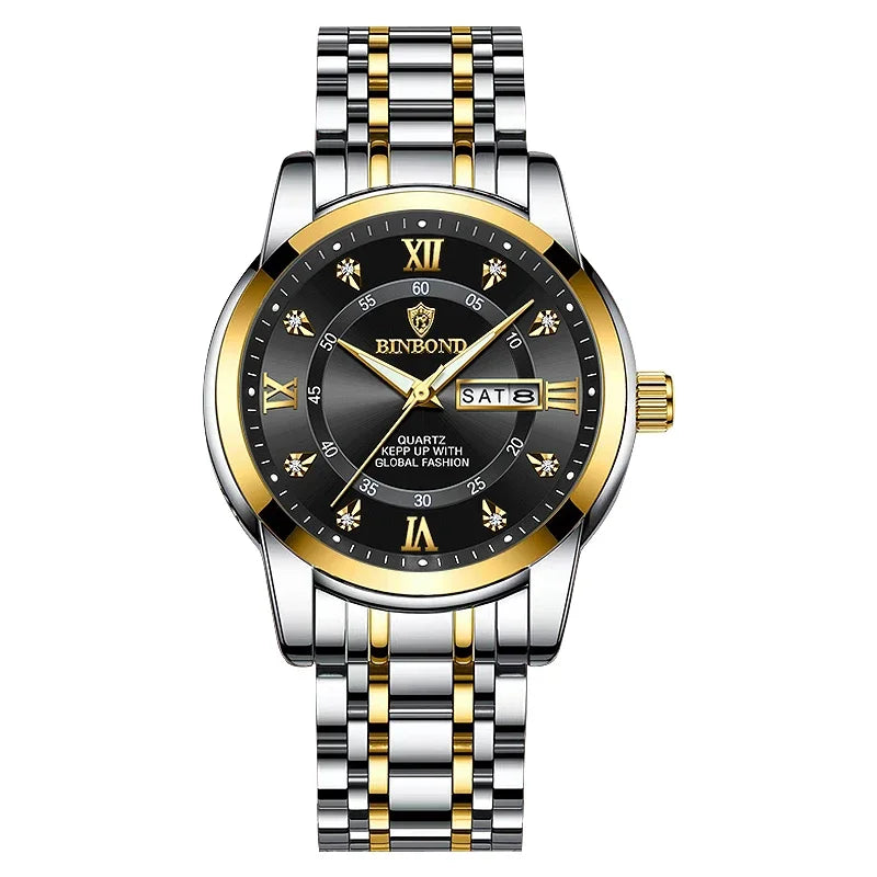Reloj de lujo de cuarzo para hombre plateado y dorado con esfera negra y números romanos.