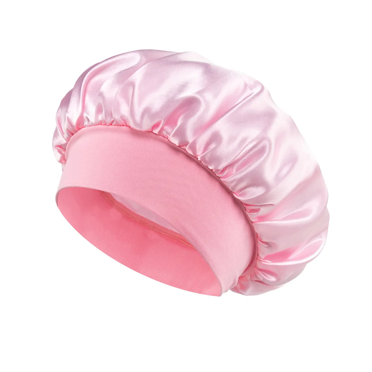 Bonete de satén rosa para cabello rizado