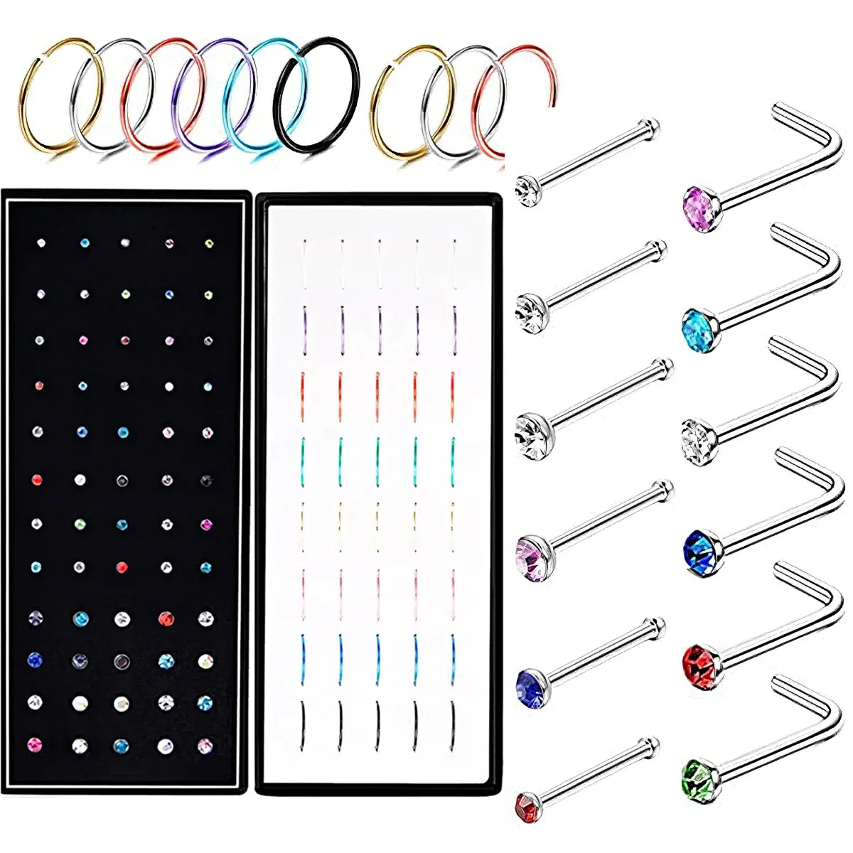 Stainless steel nose stud set for body piercing featuring various colored studs and posts.