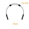 Black adjustable silicone eyewear strap for kids, measuring 30cm.